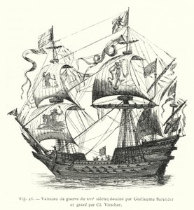 krigsskip fra 1500-tallet; tegnet av Guillaume Barendsz og gravert av Cl Visscher (gravering) av French School
