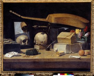 Vanitas Still Life (Vanite) med kortstokk, instrument og hodeskalle. Maleri av den franske skolen. 1600-tallet. Søn 0,72x0,9 m av French School