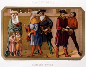 Ulike kostymer av borgerskapet på 1500-tallet - kromo. 1800-tallet basert på periodedokument av French School