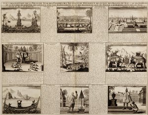 Ulike utsikter over Siam og Ayutthaya, fra Du Royaume de Siam av Simon de la Loubere, utgitt i 1688 av French School