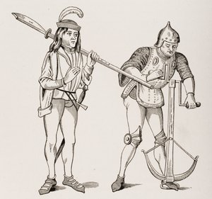 Varlet eller Squire som bærer en hellebard med tykk blad og en bueskytter som tegner en armbrøst med dobbelthåndsvinsj, etter en miniatyr fra 1400-tallet, fra Le Moyen Age et La Renaissance av Paul Lacroix ( av French School