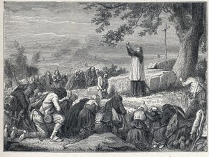 Vendee Wars (1793-1796): Priest inserts celebrating a mass under an oak for the insurgent population who reject sworn priests. Engraving from 1889. Private collection. av French School