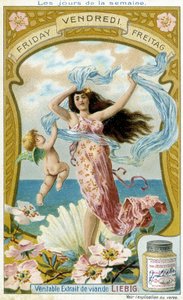 Venus illustrerer fredag. Liebig kromolitografisk reklamekort. av French School