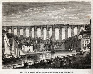 Morlaix Viaduct, på jernbanen fra Paris til Brest (Frankrike). Gravering av Lebreton et Marchand, i "" Les Merveilles de la Science"" av Louis Figuier (1819-1894), Jouvet et Cie-utgaven av French School