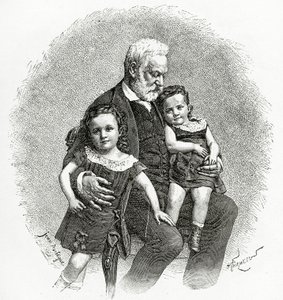 Victor Hugo og hans barnebarn, 1800-tallet (bw-gravering) av French School