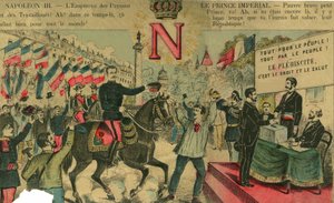 Victor Napoleon (1862-1926) i spissen for bonapartistenes tilhengere, den siste arvingen etter Napoleon I måtte gå i eksil etter en lov vedtatt av Den tredje republikk i 1886. Gravering, i “” Le Figaro, supplement””, på 30.03.1889, Paris. av French School
