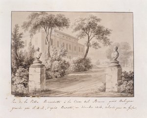 Utsikt over Villa Bianchetti i Croce del Biacco nær Bologna, gravert av S.A.I. etter Busatti, farget av M. Hofer, desember 1814 (farget gravering) av French School