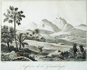 Utsikt over en soufriere i Guadeloupe. Gravering fra 1800-tallet. Chartres, Musee des Beaux Arts av French School