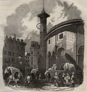 Utsikt over halle au ble i Paris (bygget i 1763-1769) og Medici-søylen, gravering fra begynnelsen av 1800-tallet - hvete- og maisutveksling i Paris (bygget i 1763-1769), gravering tidlig på 1800-tallet - Utsikt over Halle au ble, plassert på det nåværende  av French School