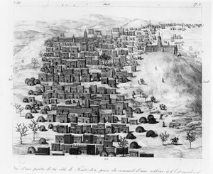 Utsikt over en del av byen Timbuktoo tatt fra en høyde mot øst, fra Voyage a Tombouctou av Rene Caillie, utgitt 1830 av French School