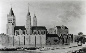 Utsikt over klosteret Saint-Germain-des-Pres på begynnelsen av 1400-tallet (litografi) (s/hv-foto) av French School