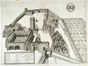 Utsikt over benediktinerklosteret Saint Pierre de Montmajour (eller Mont Majour), grunnlagt i 948, Arles, Frankrike (gravering) av French School