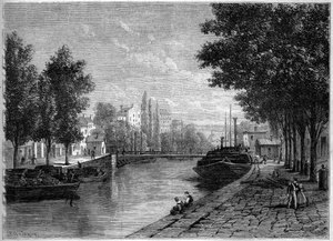Utsikt over Canal Saint Martin, i Paris, før transformasjonene utført av Haussmann på midten av 1800-tallet. Utsikten tatt på høyden av rue Saint Sebastien. Gravering i "" Le Monde Illustré"" nr. 233 av 28. september av French School