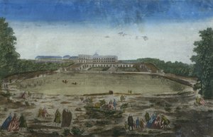 Utsikt over Chateau og Orangerie sett fra Piece deau des Suisses, Versailles, Frankrike av French School