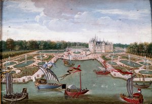 Utsikt over Chateau de Chantilly og sengene hentet fra Vertugadin Anonymous-maleriet av Ecole francaise. Omkring 1680. Dim. 0,26x0,34 m. Chantilly, Conde-museet av French School