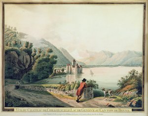 Utsikt over Chateau de Chillon, Genfersjøen (farget etsning) av French School