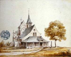 Utsikt over kirken ved Meudon (akvarell på papir) av French School
