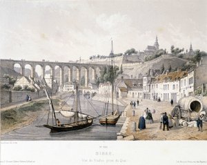 Utsikt over Dinan-viadukten (Cote d'Armor) og bryggen. Illustrasjon av 1800-tallet bevart på Museum of Dinan (gravering) av French School