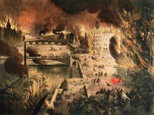 Utsikt over brannene i Paris under kommunen den 24. og 25. mai, 1871 av French School