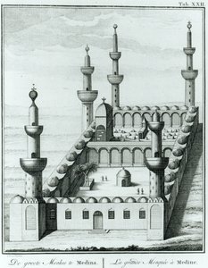 Utsikt over den store moskeen ved Medina før vanhelligelsen av gravene av Wahhabi-sekten, fra Description de lArabie av Carsten Niebuhr (1733-1815) publisert 1774 av French School
