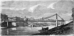 Utsikt over Saint John-broen ved elven Tiberen (Tevere) i Italia, innviet i 1863. Denne stålbroen ble designet av Alphonse Oudry (1819-1869). Gravering i "" Le Monde Illustré"" nr. 349 av 19. desember 1863. av French School