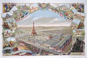 Utsikt over verdensutstillingen med de forskjellige paviljongene og Eiffeltårnet, 1889 av French School