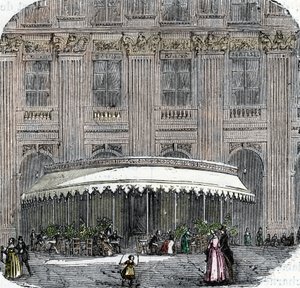 Utsikt over cafe de la Rotonde ved Palais-Royal i Paris rundt 1860 (farget gravering) av French School