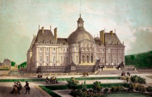 Utsikt over slottet Vaux le Vicomte (Vaux-le-Vicomte) i Maincy (Seine-et-Marne), bygget rundt 1658. Utskrifter fra privatsamlingen fra 1800-tallet av French School