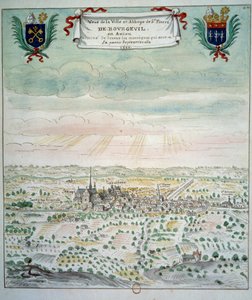 Utsikt over byen og klosteret Saint Pierre de Bourgueil Akvarell fra den franske skolen. 1699 Paris, B.N. av French School