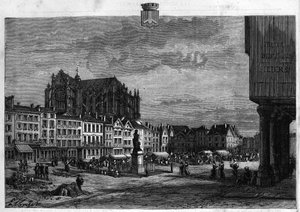 Utsikt over byen Beauvais i Oise. Gravering fra 1880 i "La republique illustree"" privatsamling. av French School