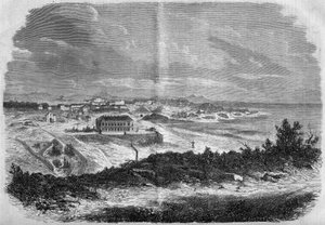 Utsikt over byen Biarritz, Pyreneene Atlanterhavet (64) i 1858. Gravering i “” Le Monde Illustré”” nr. 75 av 18. september 1858. av French School