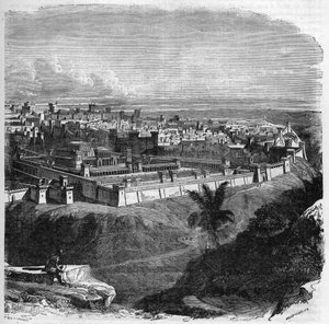 Utsikt over byen Jerusalem før ødeleggelsen av templet. Gravering i "Histoire des Papes-Rois-Queen and Empereurs a travers les centuries"" av Maurice Lachatre av French School