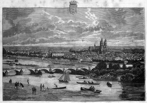 Utsikt over byen Tours i Indre et Loire. Gravering fra 1880 i "La republique illustree"" privatsamling. av French School