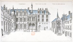 Utsikt over gårdsplassen og kapellet på Chantilly (penn, blekk og wc på papir) av French School
