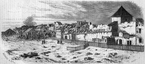 Utsikt over distriktet i byen Kastrich, i Mainz (Tyskland), etter eksplosjonen av kruttønnen i 1857. Fra et fotografi. Gravering i "" Le Monde Illustré"" nr. 36 av 19. desember 1857. av French School