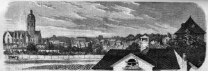 Utsikt over distriktet i byen Kastrich, i Mainz (Tyskland), før eksplosjonen av kruttønnen i 1857. Fra et fotografi. Gravering i "" Le Monde Illustré"" nr. 36 av 19. desember 1857. av French School