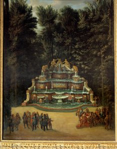Utsikt over fontenen til vannbuffeten i hagene til Grand Trianon i 1713. I forgrunnen: Ludvig XIV ved Promenade Peinture de Charles Chatelain. 18. århundre. Dim. 2,96x1,42 m. Versailles, slottene i Versailles og Trianon av French School