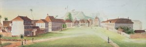 Utsikt over infanteribrakkene i Cayenne, Fransk Guyana, ca. 1840 (wc på papir) av French School