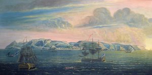 Utsikt over øya St. Helena, ca. 1820 (wc og gouache på papir) (se også 182638) av French School