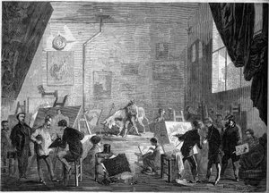 Utsikt over studioet til maleren Gustave Courbet (1819-1877), rue Notre Dame des Champs i Paris av French School