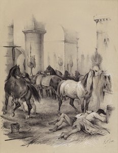 Vikinger bruker Karl den Stores katedral i Aachen som stall, 882 (litho) av French School