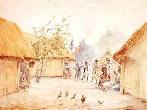 Landsby på Madagaskar på tidspunktet for dens erobring av Frankrike i 1895-96 (akvarell på papir) av French School