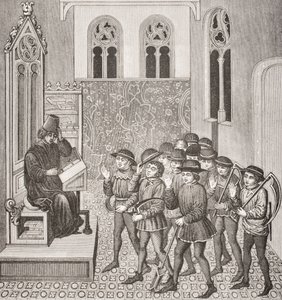 Skurker som mottar sine Lords-ordrer før de går på jobb, etter en miniatyr i et manuskript fra 1400-tallet, fra Le Moyen Age et La Renaissance av Paul Lacroix (1806-84) utgitt 1847 av French School