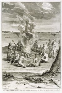 Virginians som tilber ild og glede etter å ha blitt utfridd fra betydelig fare, illustrasjon fra religiøse seremonier og skikker, gravert av Bernard Picart (1673-1733) 1721 av French School