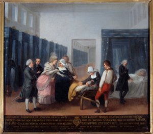 Besøk av Monsieur og Madame Necker på veldedighetshospitalet Dette er et sykehus (nå Necker Hospital i Paris) grunnlagt av ministeren og hans kone, kona til Lettres i 1778. Maleri av den franske skolen. 18. århundre. Paris, Musee de l