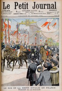 Visit of the King and Queen of Italy to France. The King and Queen of Italy in France. Promenade on the boulevards with Le President of the French Republic Emile Loubet - Illustration for Le petit Journal, 25 October 1903 - Victor Emmanuel III (Victor-Emma av French School