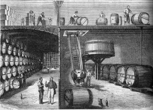 Viticulture: internal view of the cellars and workshops of M. P. Morel and F. Sourzac in Bordeaux, Gironde (33) av French School