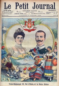 Vittorio Emanuele III di Savoia og Elena di Savoia - Kong Victor Emmanuel III og dronning Elena av Italia. Victor Emmanuel III, konge av Italia, og dronning Helene. Illustrasjon for Le petit Journal, 5. juli 1903. av French School