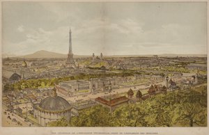 Generell utsikt over den universelle utstillingen, tatt fra Esplanade des Invalides (farget gravering) av French School