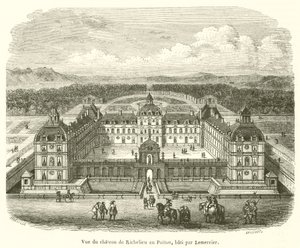Utsikt over Chateau de Richelieu i Poitou, bygget av Lemercier (gravering) av French School